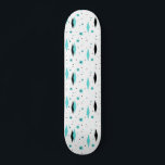 Retro Turquoise Diamonds & Starbursts Skateboard<br><div class="desc">This Retro Turquoise Diamonds and Starbursts Skateboard is a new take on a vintage style. It features kitschy, black starbursts on turquoise polka dots, surrounding geometric, turquoise and black diamond shapes. Customize the background color on this mid century modern product if you're feeling daring, or leave it white if subdued...</div>