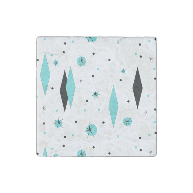 Retro Turquoise Diamonds & Starbursts Stone Magnet (Front)