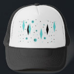 Retro Turquoise Diamonds & Starbursts Trucker Hat<br><div class="desc">This Retro Turquoise Diamonds and Starbursts Trucker Hat is a new take on a vintage style. It features kitschy, black starbursts on turquoise polka dots, surrounding geometric, turquoise and black diamond shapes. Customize the background color on this mid century modern product if you're feeling daring, or leave it white if...</div>