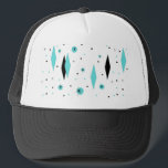 Retro Turquoise Diamonds & Starbursts Trucker Hat<br><div class="desc">This Retro Turquoise Diamonds and Starbursts Trucker Hat is a new take on a vintage style. It features kitschy, black starbursts on turquoise polka dots, surrounding geometric, turquoise and black diamond shapes. Customize the background color on this mid century modern product if you're feeling daring, or leave it white if...</div>