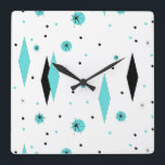 Retro Turquoise Diamonds & Starbursts Wall Clock<br><div class="desc">This Retro Turquoise Diamonds and Starbursts Acrylic Wall Clock is a new take on a vintage style. It features kitschy, black starbursts on turquoise polka dots, surrounding geometric, turquoise and black diamond shapes. Customize the background color on this mid century modern product if you're feeling daring, or leave it white...</div>