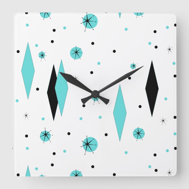 Retro Turquoise Diamonds & Starbursts Wall Clock (Front)
