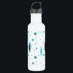 Retro Turquoise Diamonds & Starbursts Water Bottle<br><div class="desc">This Retro Turquoise Diamonds and Starbursts Water Bottle is a new take on a vintage style. It features kitschy, black starbursts on turquoise polka dots, surrounding geometric, turquoise and black diamond shapes. Customize the background color on this mid century modern product if you're feeling daring, or leave it white if...</div>