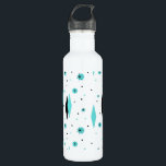 Retro Turquoise Diamonds & Starbursts Water Bottle<br><div class="desc">This Retro Turquoise Diamonds and Starbursts Water Bottle is a new take on a vintage style. It features kitschy, black starbursts on turquoise polka dots, surrounding geometric, turquoise and black diamond shapes. Customize the background color on this mid century modern product if you're feeling daring, or leave it white if...</div>