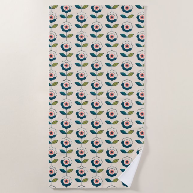 Retro Turquoise Floral Pattern Beach Towel (Front)