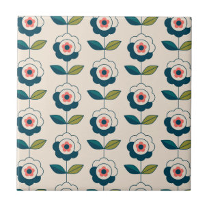 Retro Turquoise Floral Pattern Ceramic Tile