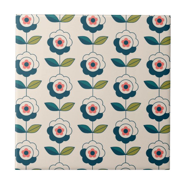 Retro Turquoise Floral Pattern Ceramic Tile (Front)