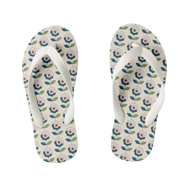 Retro Turquoise Floral Pattern Kid's Flip Flops (Footbed)
