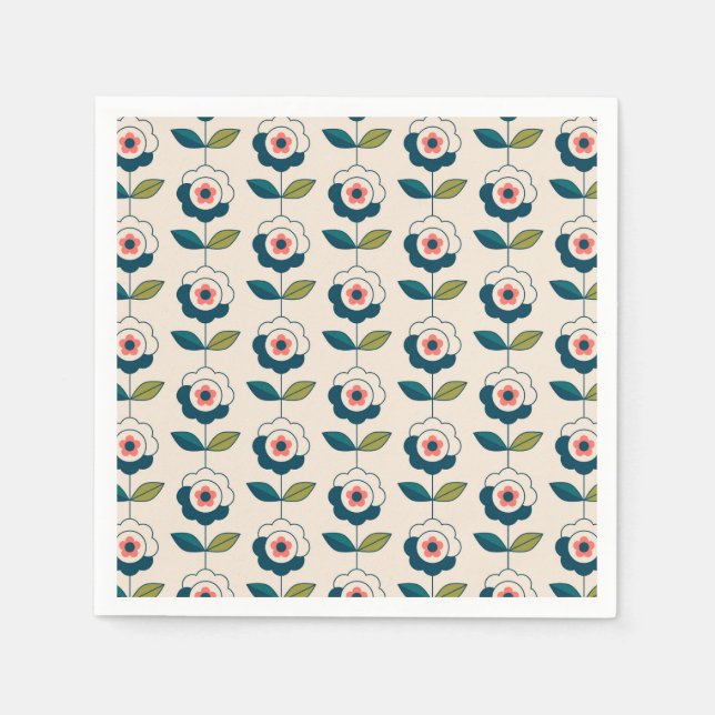 Retro Turquoise Floral Pattern Napkins (Front)