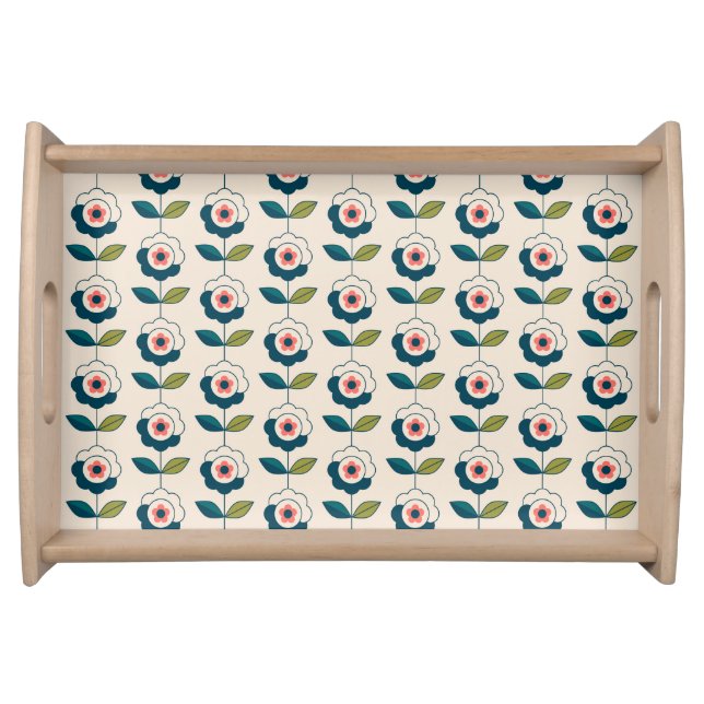 Retro Turquoise Floral Pattern Serving Tray (Front)