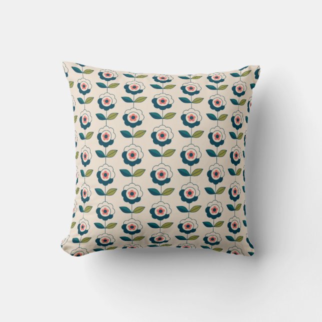 Retro Turquoise Floral Pattern Throw Pillow (Front)