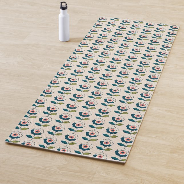 Retro Turquoise Floral Pattern Yoga Mat (In Situ)