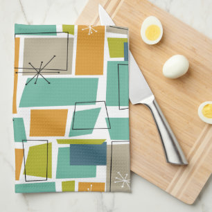 Retro Turquoise Green Orange Squares Mid-century Kitchen Towel