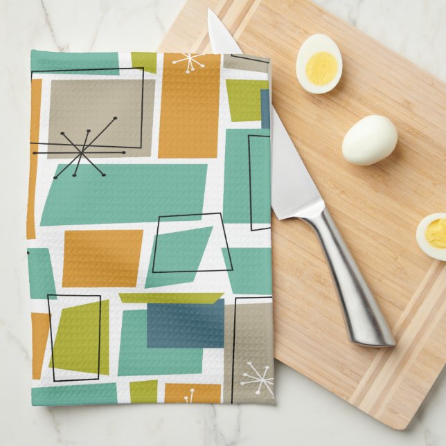 Retro Turquoise Green Orange Squares Mid-century Kitchen Towel (Quarter Fold)