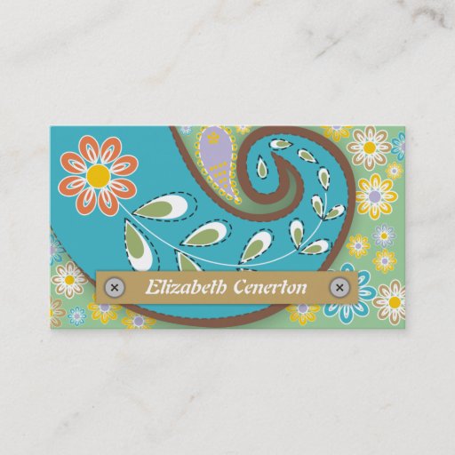 Customizable Retro turquoise, green paisley motif floral business cards