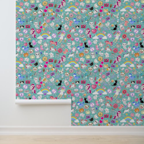 Retro Turquoise Kawaii Cartoon Decora Nursery  Wallpaper