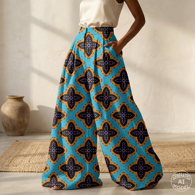 Retro Turquoise Orange Black Geometric Pattern Fabric (Creator Uploaded)