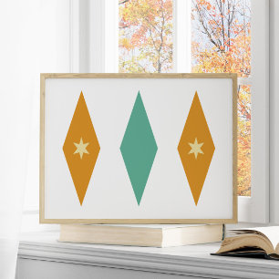 Retro Turquoise Orange Cream Stars Diamonds Poster