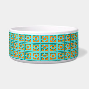 Retro Turquoise & Orange Trellis Ceramic Pet Bowl