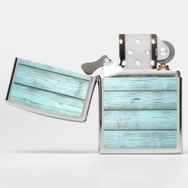 Retro Turquoise Paint On Rustic Wood Zippo Lighter (Opened)