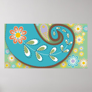 Retro turquoise paisley with flowers poster
