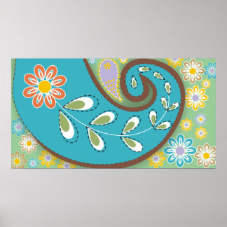 Retro turquoise paisley with flowers poster
