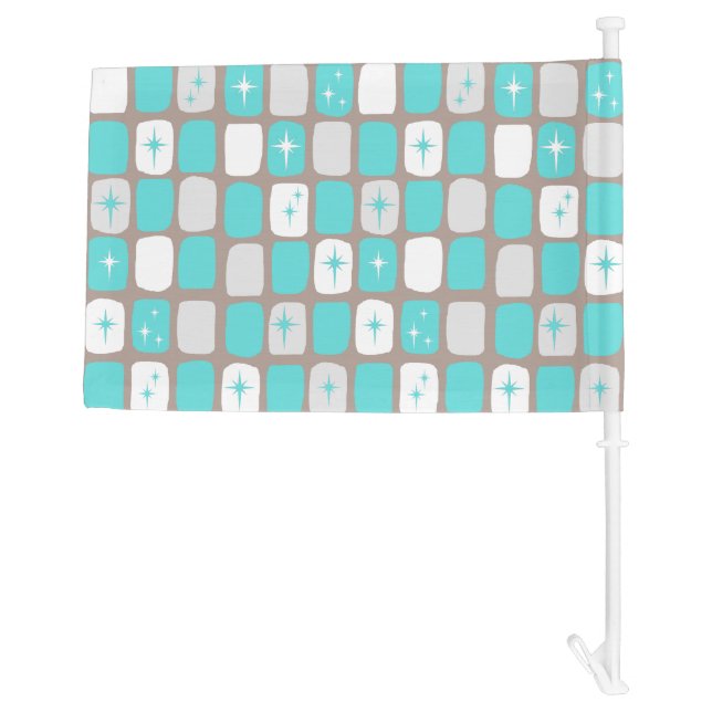 Retro Turquoise Starbursts Car Flag (Back)