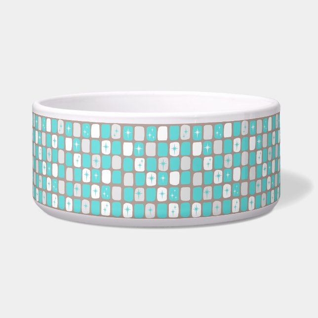 Retro Turquoise Starbursts Large Dog Bowl (Front)