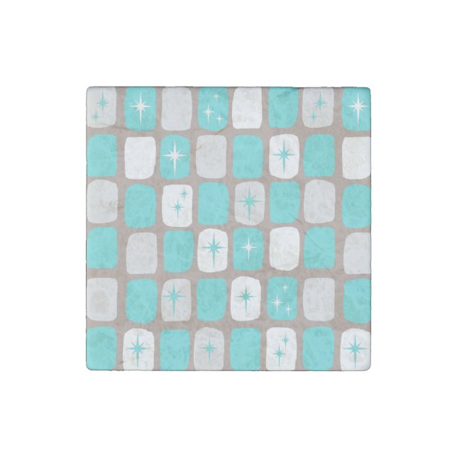 Retro Turquoise Starbursts Marble Stone Magnet (Front)