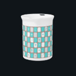 Retro Turquoise Starbursts Pitcher<br><div class="desc">This Retro Turquoise and White Starbursts Pitcher is so adorably space age you won’t be able to contain your enthusiasm. And, why would you want to? This 1960’s mid century modern inspired design features a dark heather grey background and rows of perfectly imperfect rectangles in turquoise, white, and dove grey....</div>