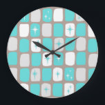 Retro Turquoise Starbursts Round Clock<br><div class="desc">This Retro Turquoise and White Starbursts Round Clock is so adorably space age you won’t be able to contain your enthusiasm. And, why would you want to? This 1960’s mid century modern inspired design features a dark heather grey background and rows of perfectly imperfect rectangles in turquoise, white, and dove...</div>