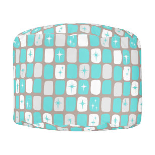 Retro Turquoise Starbursts Round Pouf