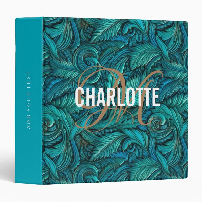 Retro turquoise tooled leather monogram name 3 ring binder (Front/Spine)