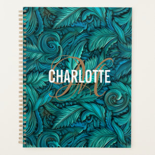 Retro turquoise tooled leather monogram name planner