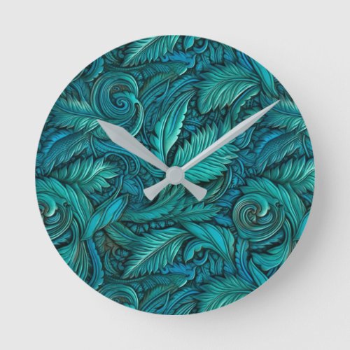 Retro turquoise tooled leather wall clock round clock