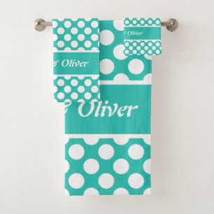 Retro Turquoise & White Polka Dot Bath Towel Set