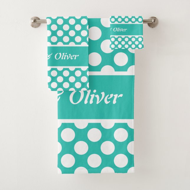 Retro Turquoise & White Polka Dot Bath Towel Set (Insitu)