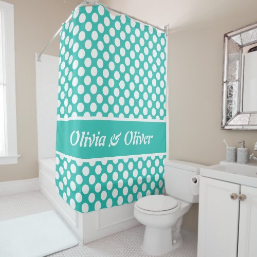 Retro Turquoise  White Polka Dot Shower Curtain