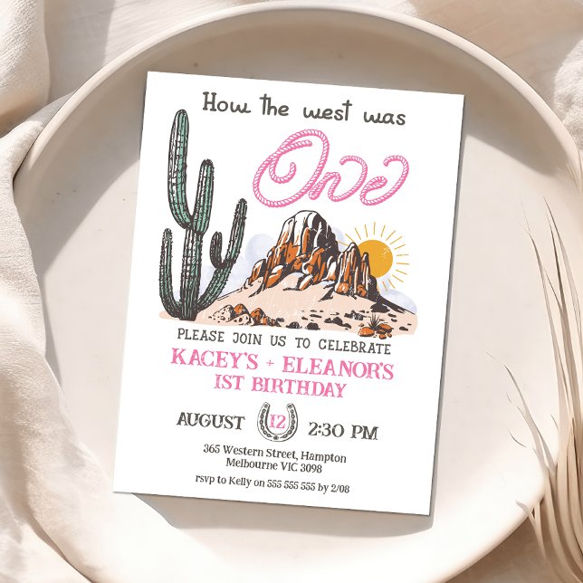 Retro Twin Girls How The West Was One 1st Birthday Invitation (Twin Girls How the West Was One 1st Birthday Invitation Western First Birthday Invite Baby Girls)