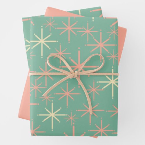 Retro Twinkling Stars Midcentury Pattern Pink Teal Wrapping Paper Sheets