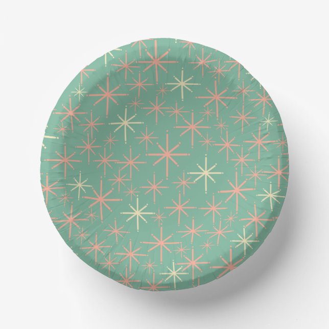 Retro Twinkling Stars Midcentury Pattern Teal Pink Paper Bowls (Front)