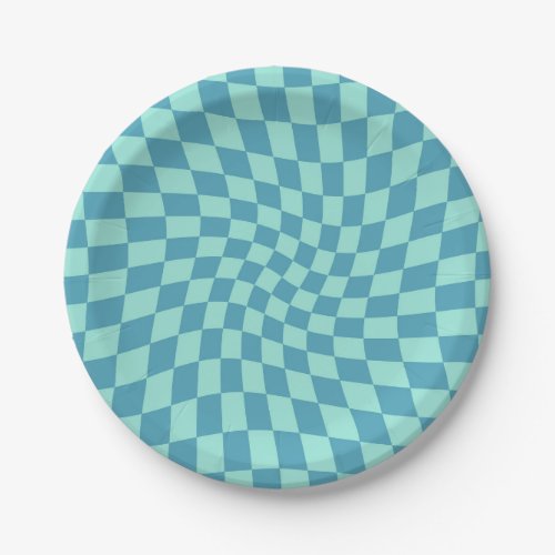 Retro Twist Blue Checks Warped Checkerboard Paper Plates