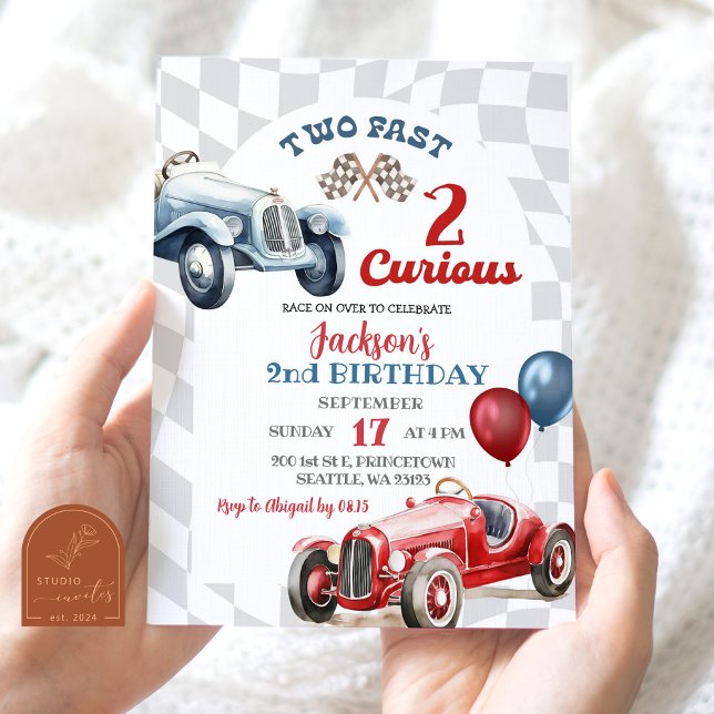 Retro Two Fast 2 Curious Race Car Boy 2nd Birthday Invitation (Creator Uploaded)