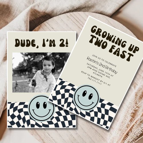 Retro Two Fast  Boy 2nd Birthday Party checkered Invitation