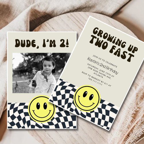 Retro Two Fast  Boy 2nd Birthday Party checkered Invitation