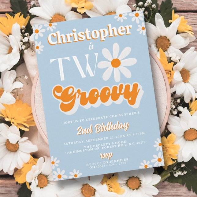 Retro Two Groovy Boys 2nd Birthday Invitation (Creator Uploaded)