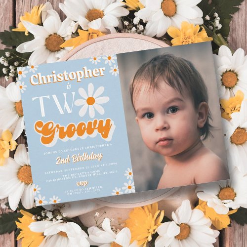 Retro Two Groovy Boys 2nd Birthday Photo Invitation