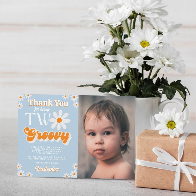 Retro Two Groovy Boys 2nd Birthday Photo Thank You Card (Creator Uploaded)