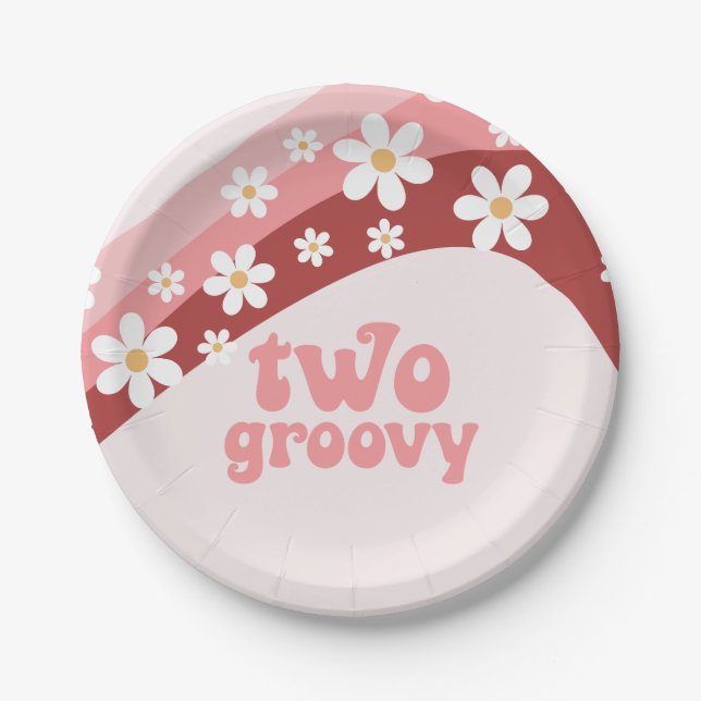 Retro Two Groovy daisy boho floral 2nd birthday Paper Plates (Front)