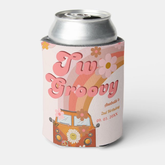 Retro two Groovy Daisy Flower Birthday Party Can Cooler (Can Back)
